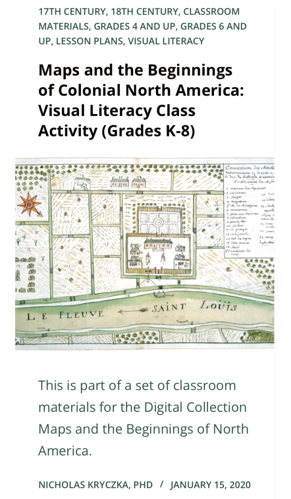 Thumbnail for activity entitled "Maps and the Beginnings of Colonial North America: Visual Literacy Class Activity (Grades K-8)"