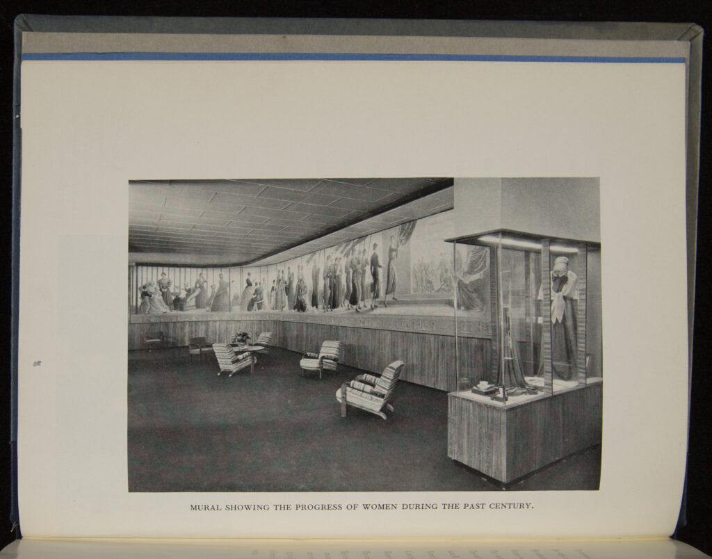 Postcard of room with a mural of women on the walls. 