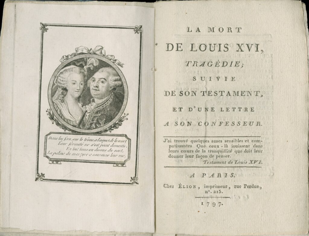 Two page spread of printed text in French. On the left-hand page is a circular portrait of the busts of Marie Antoinette and Lous XVI.