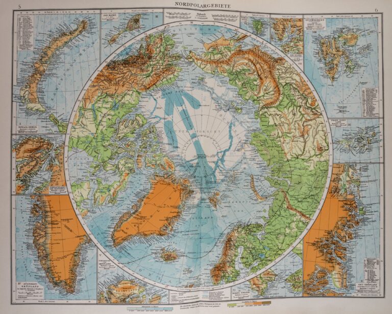 Blue, green, and orange map, centering on a projection from of the globe oriented around the North Pole
