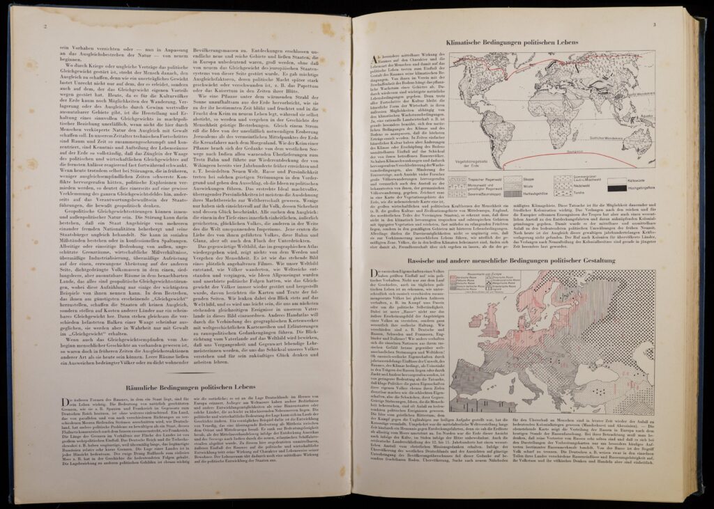 Page of text with a facing page depicting black and white map of the world and zoomed in map of Europe