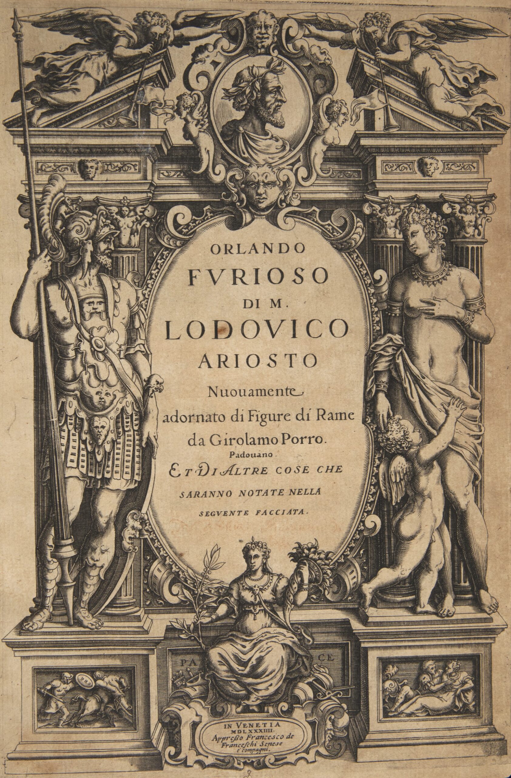 Title page illustrated with figures of a Roman soldier, angel, and partially nude woman.