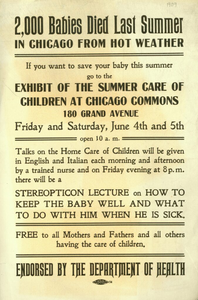 Broadside advertising an exhibit on the correct summertime care of babies.