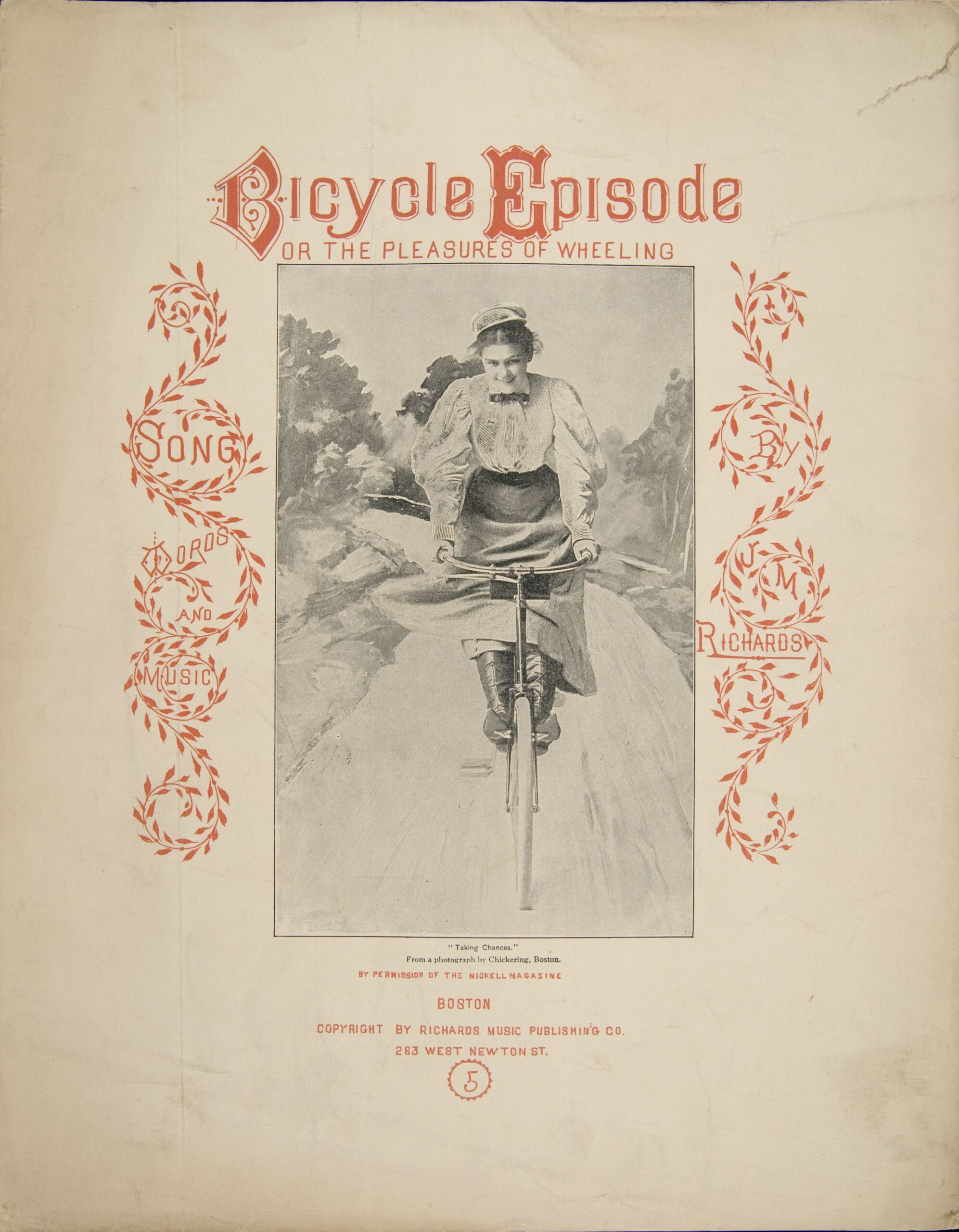 Cover page of a songbook, depicting a young woman in turn of the century garb riding a bicycle. Text: "Bicycle Episode or the Pleasures of Wheeling."