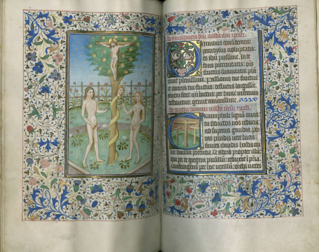 Highly decorated two-page medieval manuscript spread. On the left-hand side is an image of a naked man and woman with an apple tree between them. Around the tree a snake is coiled, with the head of a woman, tuned towards Eve. At the top of the tree is Jesus Christ on the Cross.