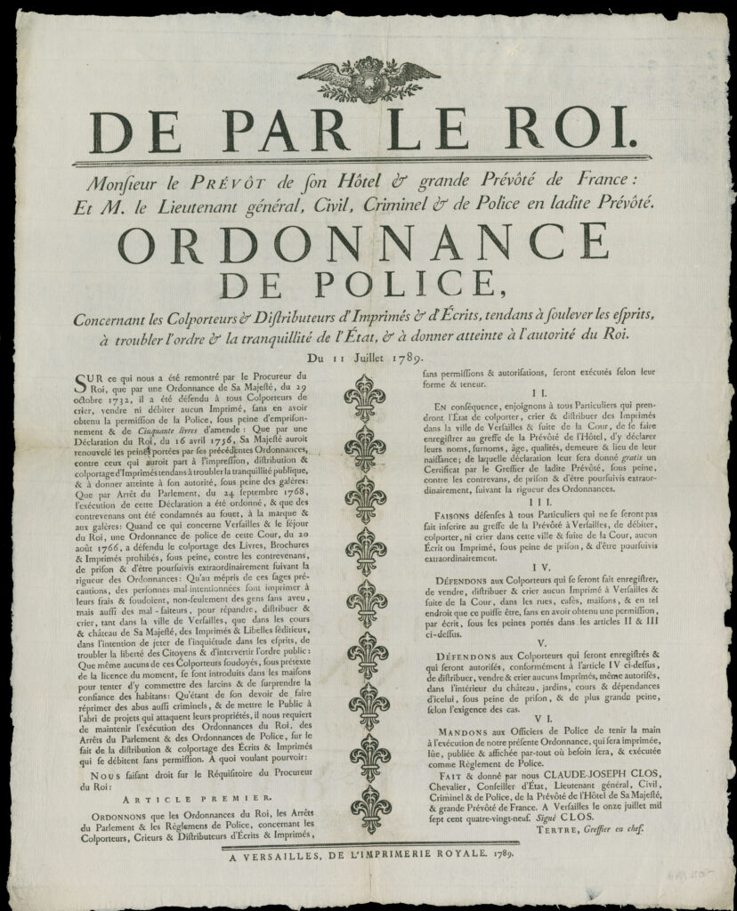 Printed broadside in French with the royal coat of arms at the top.