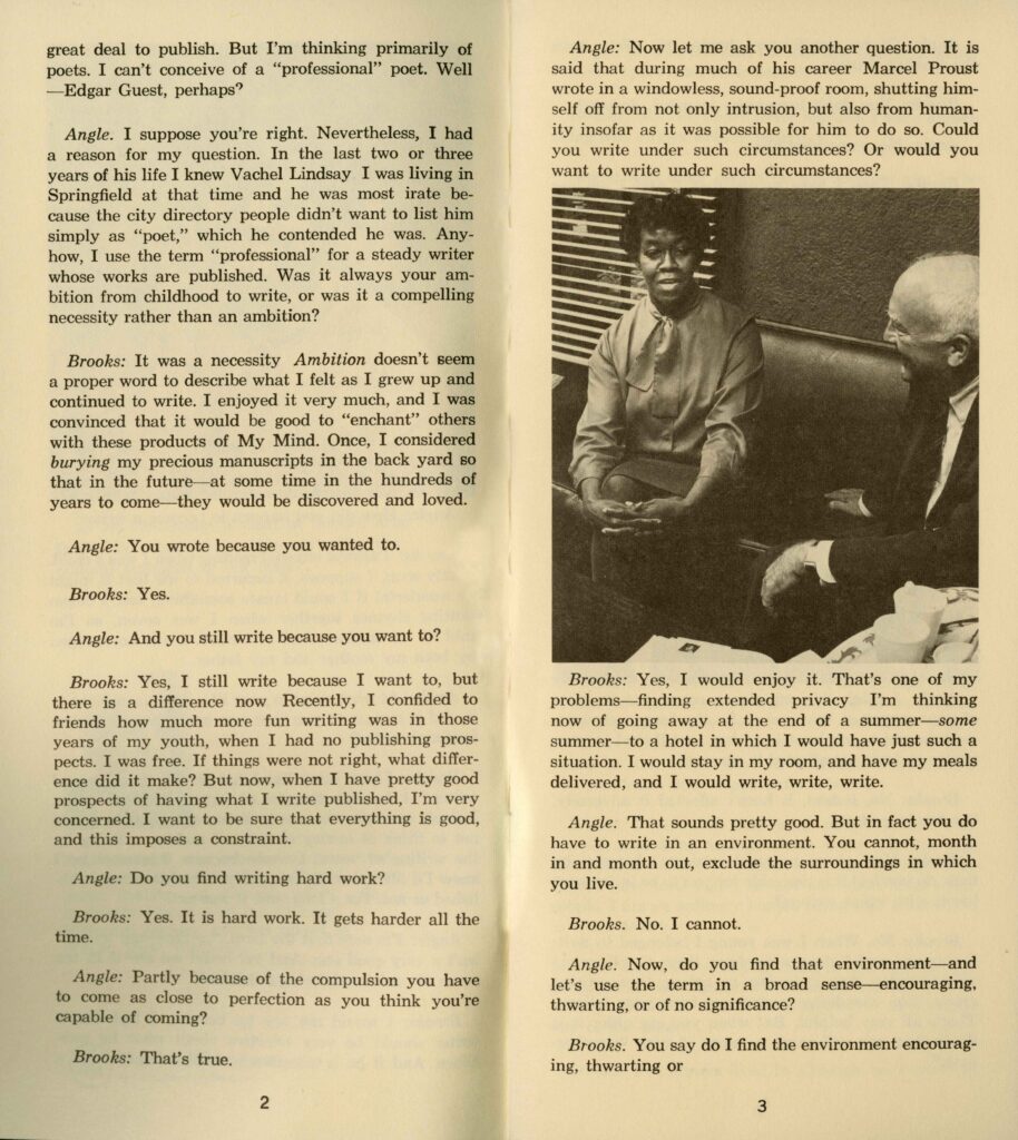 Two-page spread of printed text. On the right-hand page is a half-page black-and-white photograph of Gwendolyn Brooks (a Black woman with short hair) and a white man in a suit and tie. They sit on a covered bench in a room near a window.