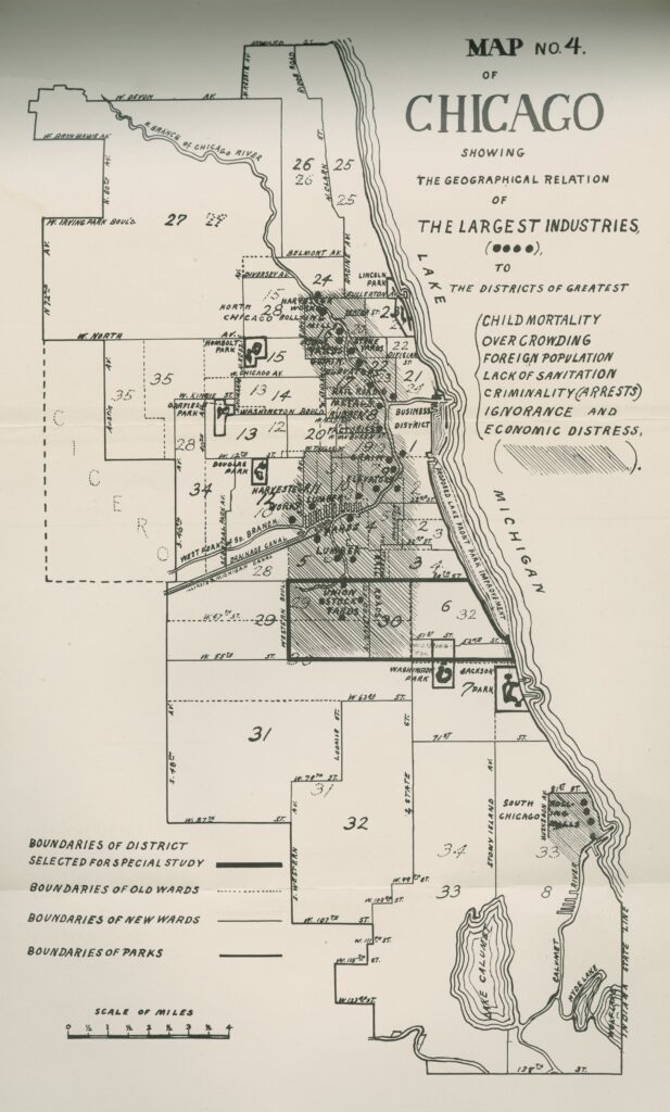 Map of the city of Chicago showing a heavy concentration of industry in a vertical band in the center of the city just west of the lake shore.