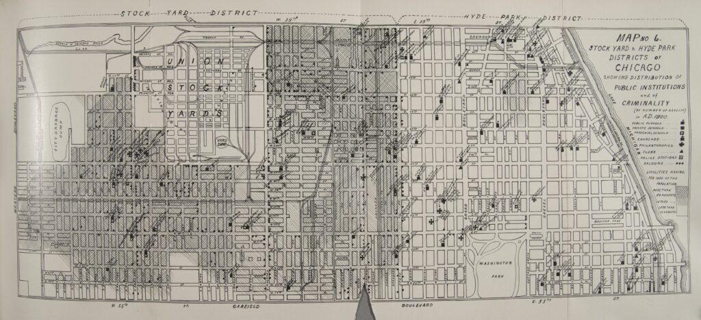 Map showing the Hyde Park and Bak of the Yards neighborhoods, showing the distribution of schools, police stations, churches, clubs and saloons.
