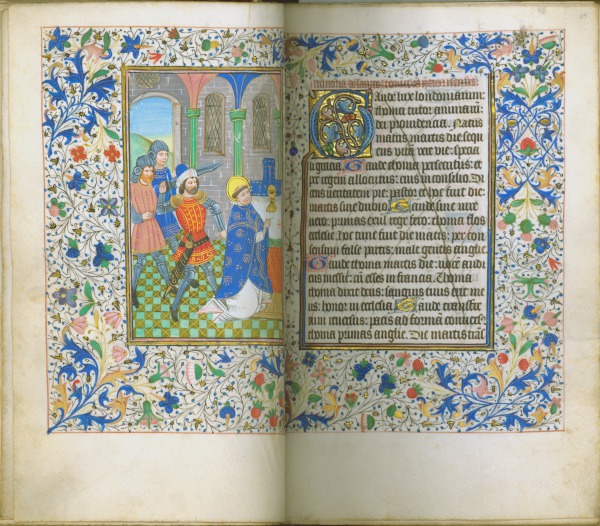 Two-page spread of an illuminated manuscript. On the left is an illumination showing the murder of St. Thomas of Becket. On the right is a block of Latin text with an illuminated capital. Both blocks are surrounded by a border of vines, leaves, and berries.