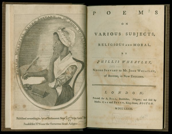 Page of text facing an image of a black woman seated at a desk holding a quill pen poised over a sheet of paper.