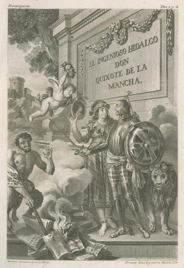 Lithograph of a knight standing with a woman dressed in jester's garb, a lion, an angel, and a faun burning books.
