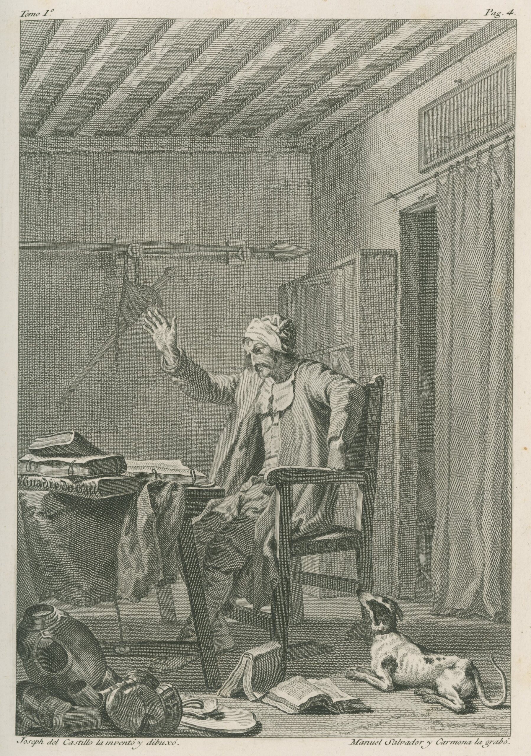 Lithograph image of a man sitting at a desk in an untidy room, with one hand raised and a determined look on his face.