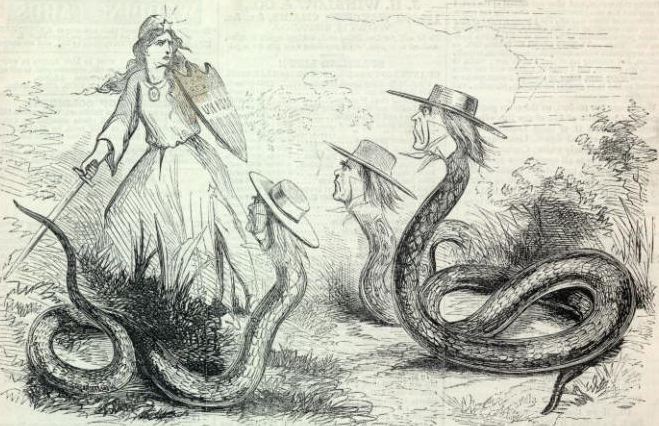Black and white drawing of Lady Liberty wielding a sword and shield facing off against three giant snakes with the heads of men wearing flat-brimmed hats.