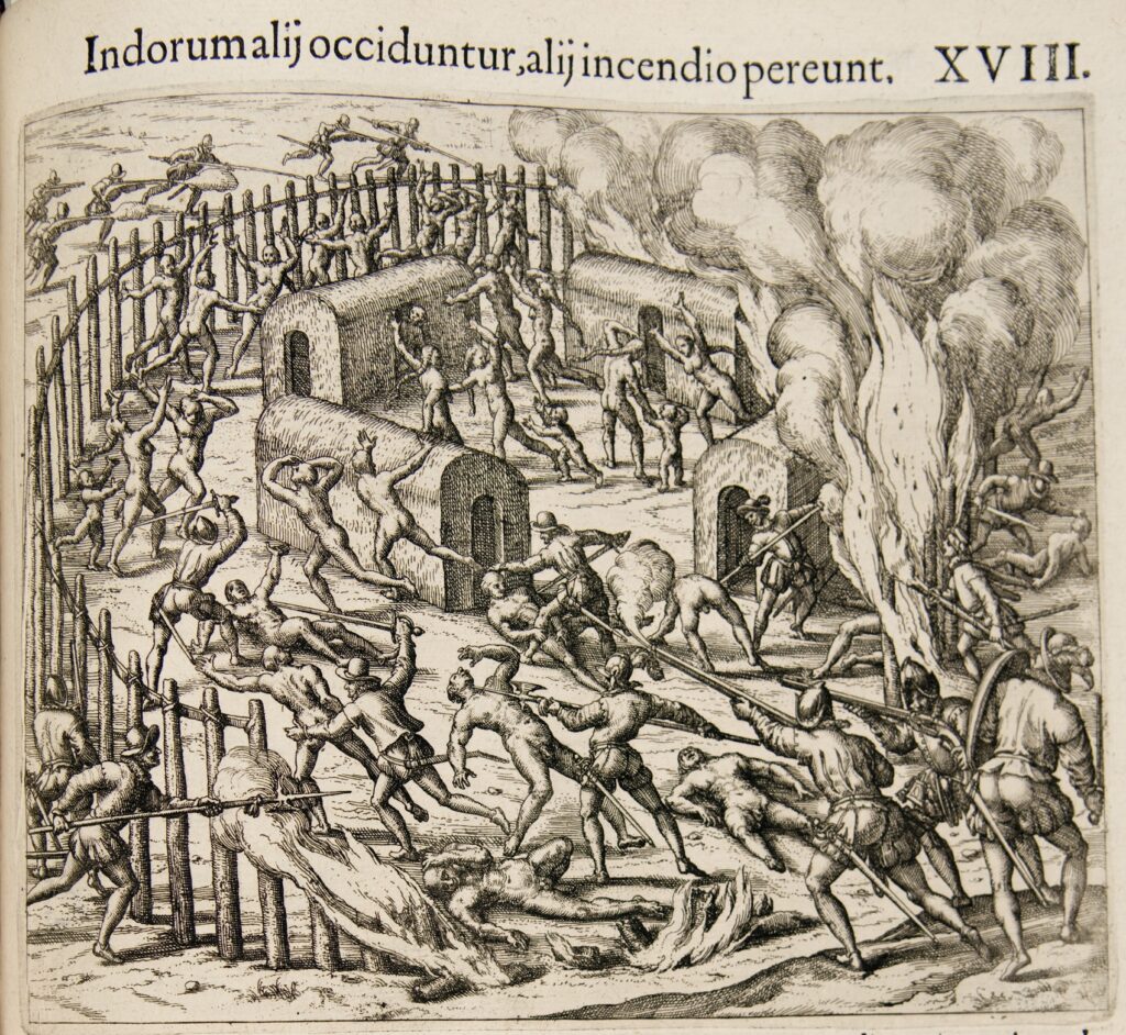 Engraving of Spanish soldiers attacking an Indigenous village and massacring its population. The village buildings are on fire, and Spanish soldiers are chasing Indigenous people and stabbing them with spears.