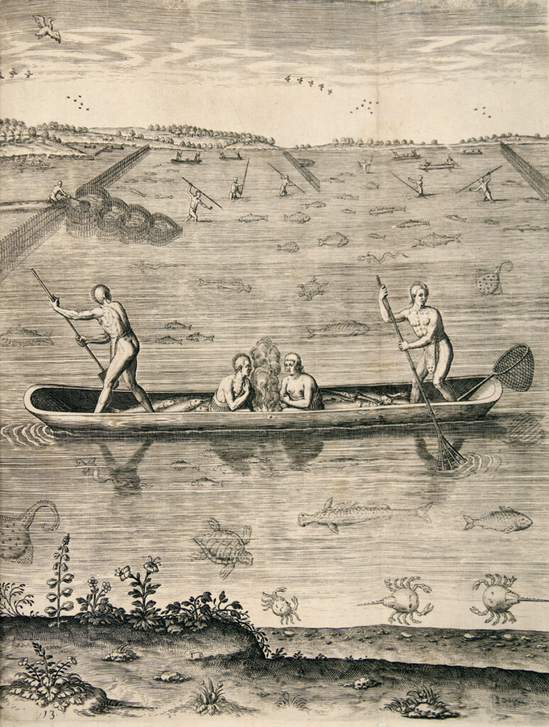 Engraving of four Algonkian fishermen in a canoe on a large body of water. One man stands at each end of the canoe paddling while two sit in the middle on either side of a small fire. In the background are other fishermen in canoes and some standing the water spearing fish. In the left of the background is a fish weir. Throughout the water are images of the fish, crabs, turtles the fishermen hunt.