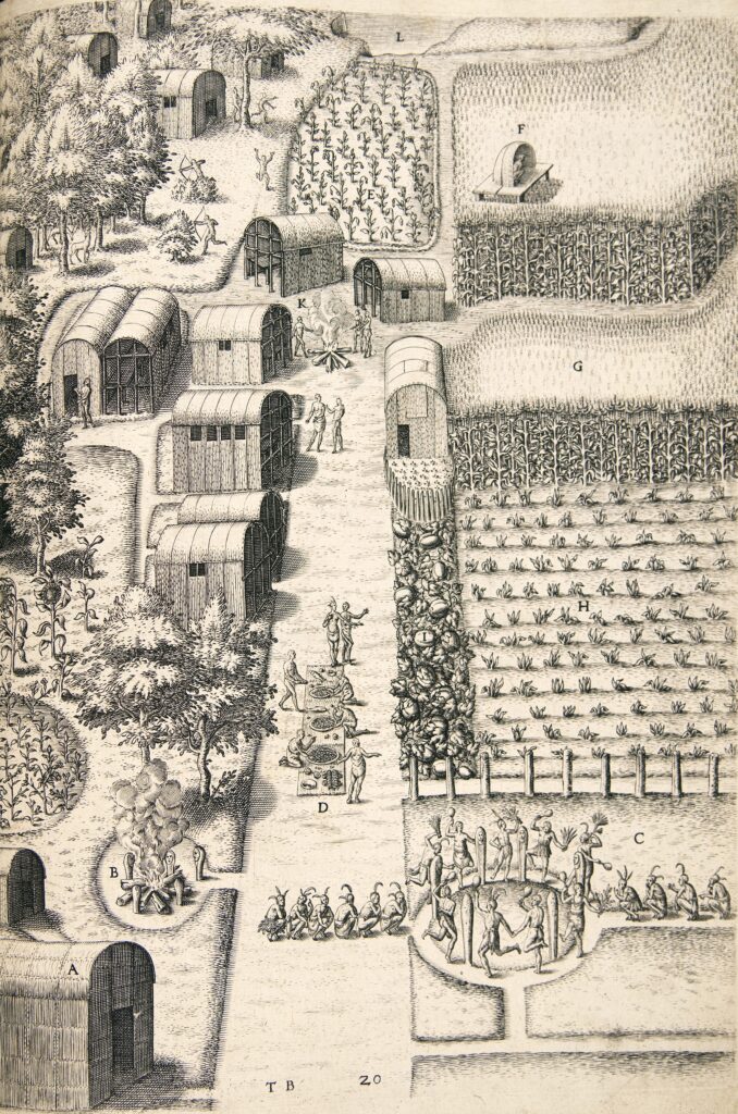 Etching of an Algonkian village showing buildings, fields, a bonfire, people hunting, people processing crops, and people dancing around a circle of posts.