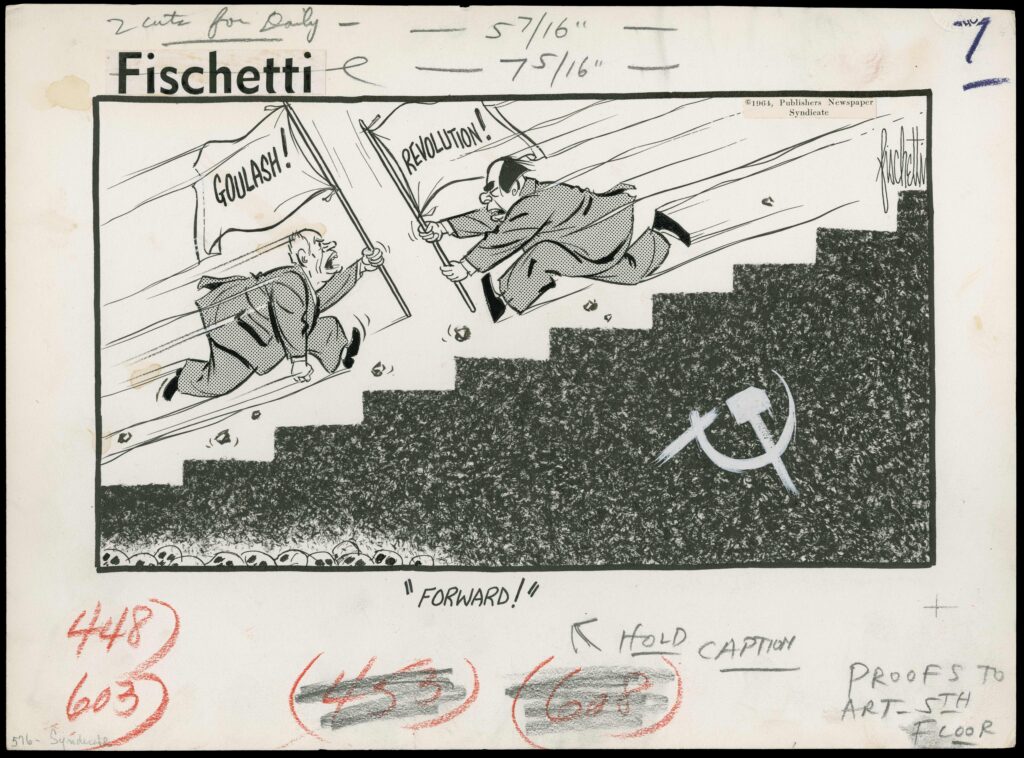 Cartoon of two men running at each other on a staircase. One runs up, holding a flag that says "Goulash!" the other runs down holding a flag that says "Revolution!" Beneat the stairs is a barely visible pile of skulls.