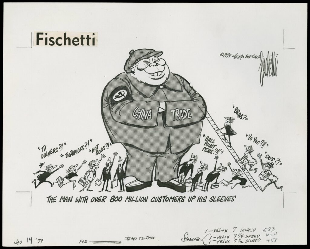 Cartoon of a large man with 'China Trade' written on his sleeves surrounded by tiny people with suitcases yelling names of products at him.