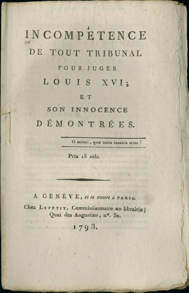 Title page of a printed broadside in French.