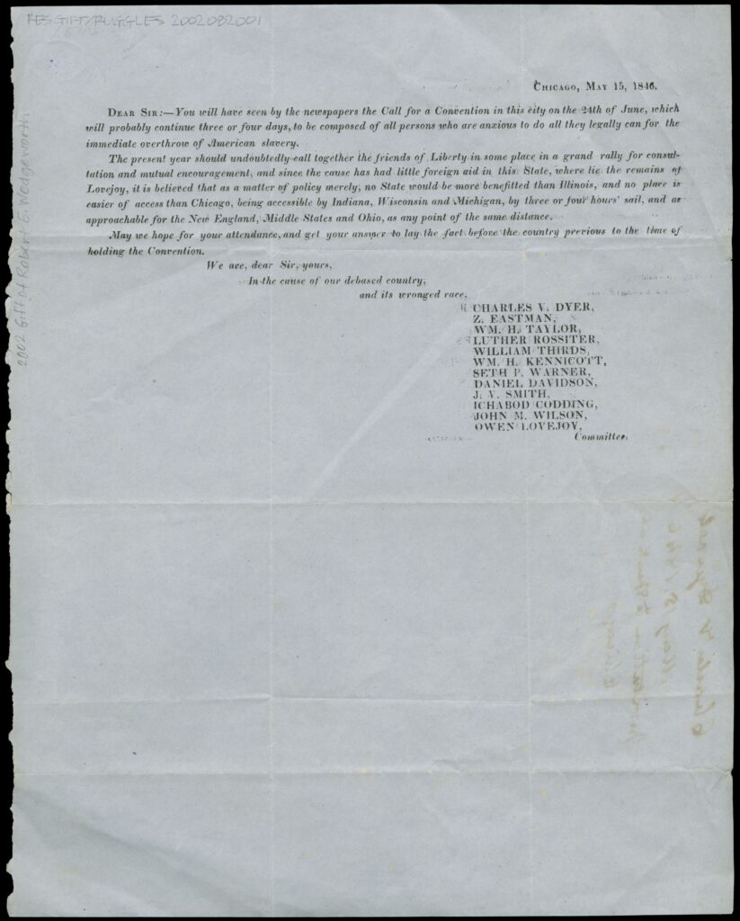 A printed invitation to an anti-slavery convention in Chicago on June 24 featuring prominent Illinois abolitionists, dated May 15, 1846.