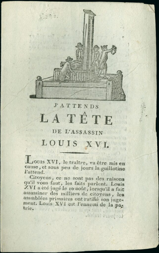 First page of a printed broadside in French. Above the text is a drawing of a man who has just been guillotined. His body lies on the guillotine surrounded by three men. A fourth holds up his head.