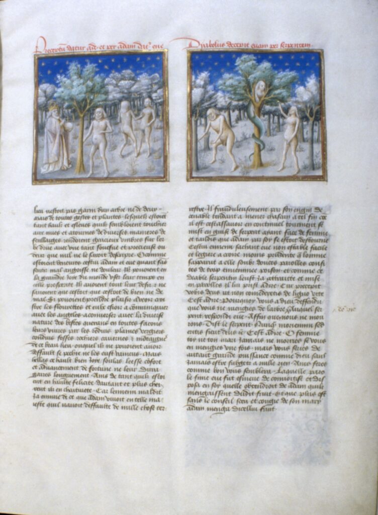A manuscript sheet with two panes. The first depicts Adam conversing with God with a tree between them, and Adam talking to Eve. The second shows Adam working and Eve apart from him, talking to a creature in a tree that is a snake from the waist down and a woman from the waist up.
