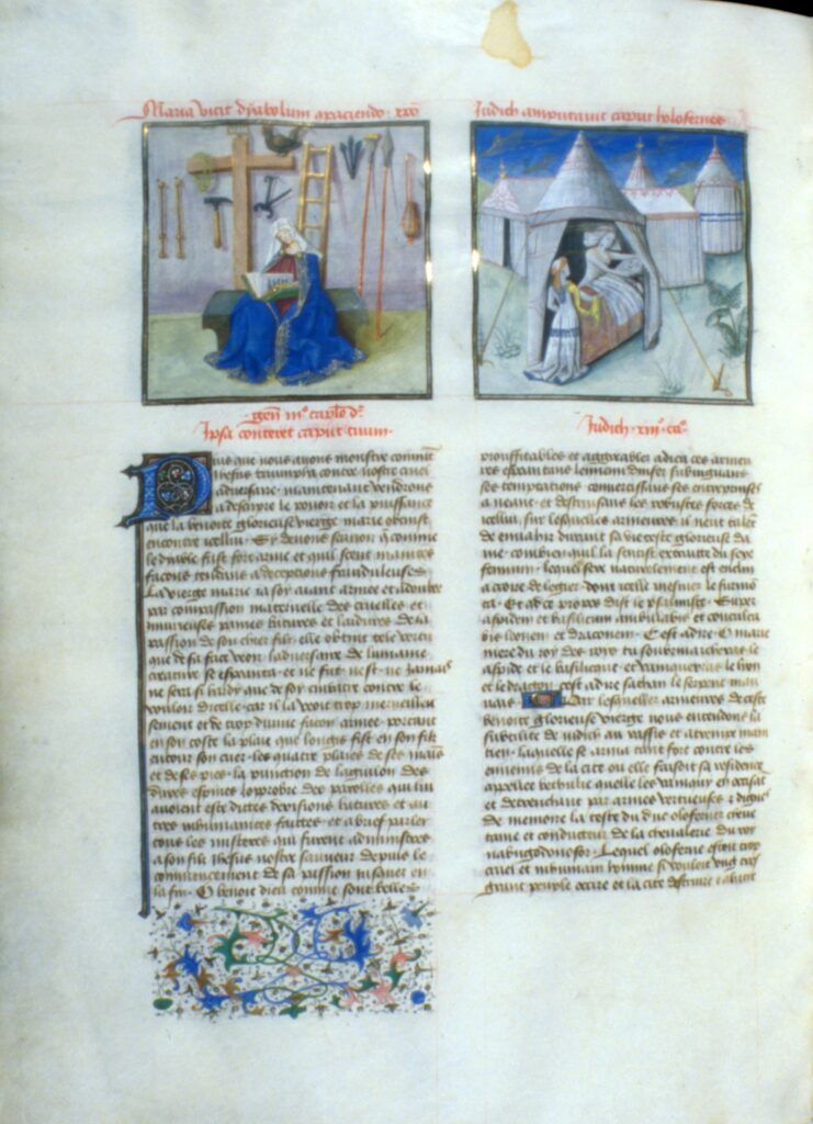 A medieval manuscript page with text and two panes. The first pane depicts a woman in blue, sitting reading a large book with crucifixion implements behind her. The second depicts two women in a tent, one of whom is cutting off the head of a man lying in bed.