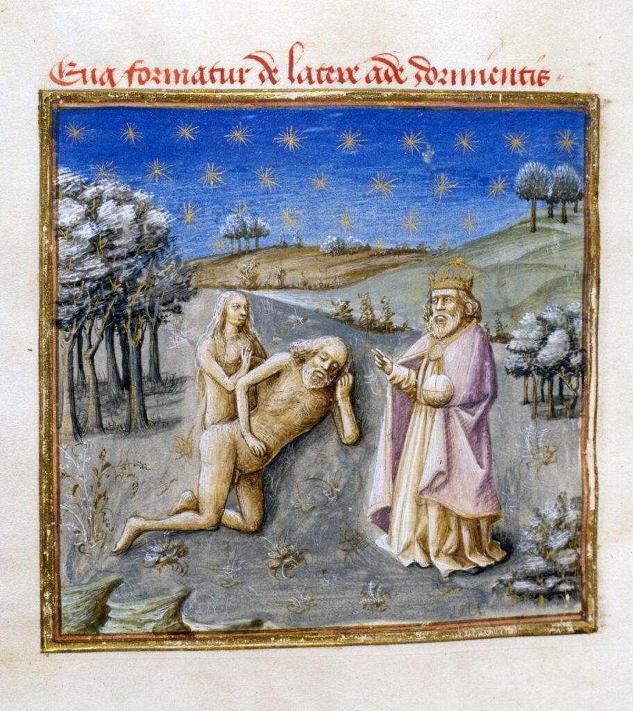 Medieval painting of Adam (sleeping man with beard) with Eve (woman) standing from the waist up out of his exposed side. A figure dressed in kingly robes stands over them with a hand extended in blessing (likely meant to be God). The image is mostly pale tan, gray, and green, with a vibrant blue sky and decorated stars and trees accented with gold.