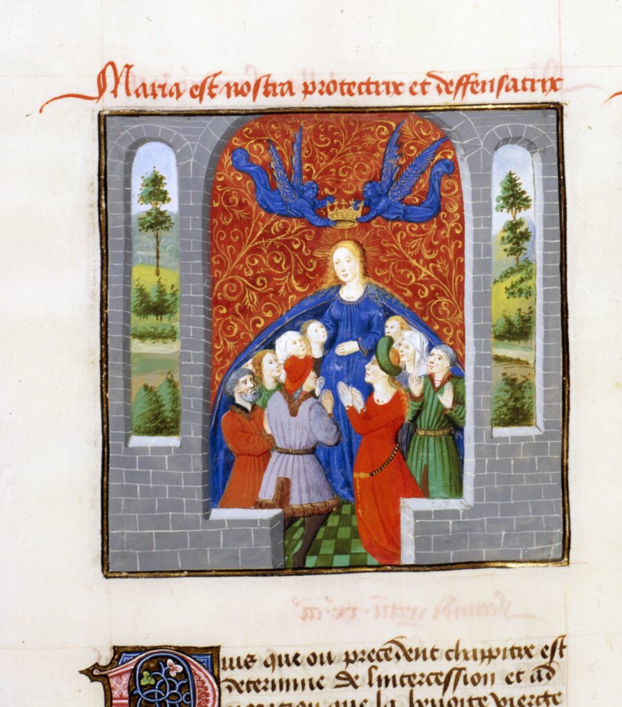 Medieval paining of a woman in blue being crowned by two angels. Her cloak covers a group of men and women who are praying to her. The image is richly colored, especially in blue and red.