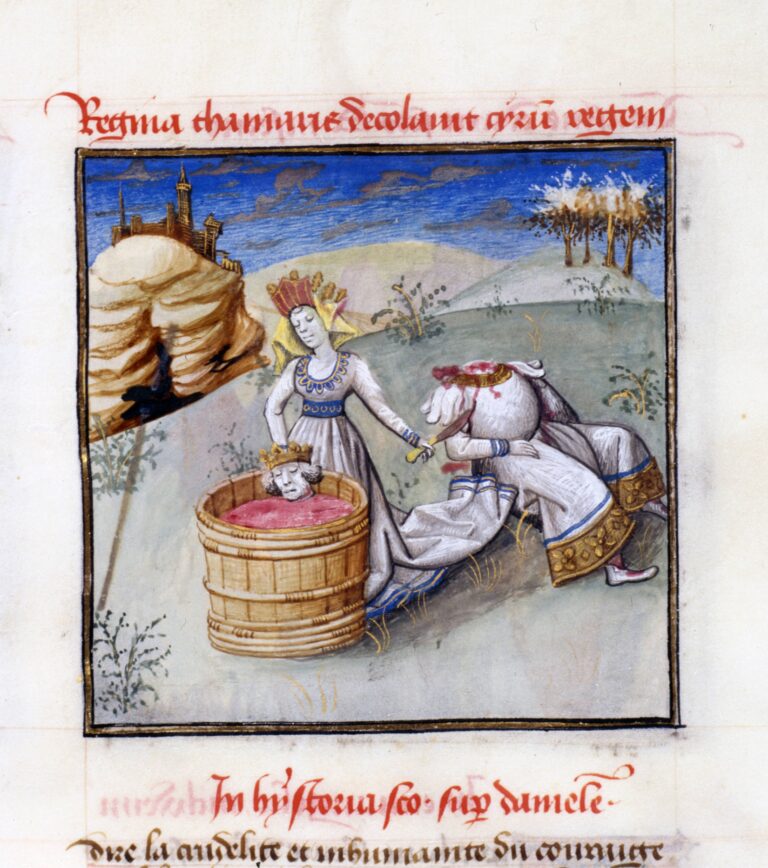 Medieval painting of a woman wearing a regal headdress holding a decapitated head over a barrel of blood, with a sword in her other hand. The body of the man sits behind her. Their robes are matching.