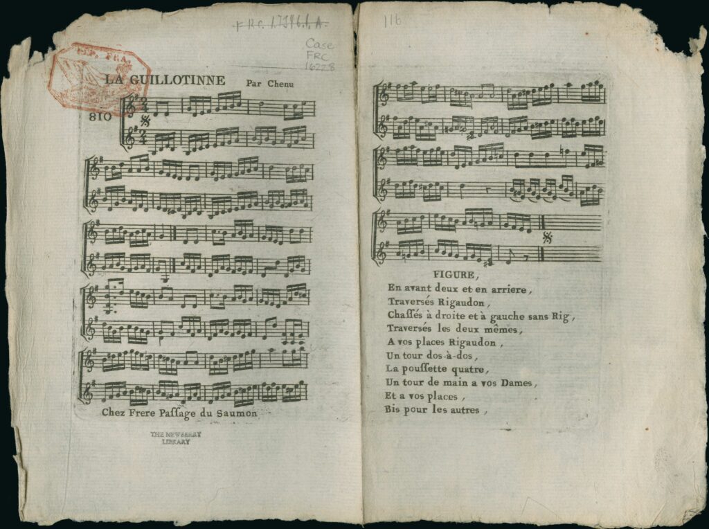 Two page spread of sheet music and lyrics in French.
