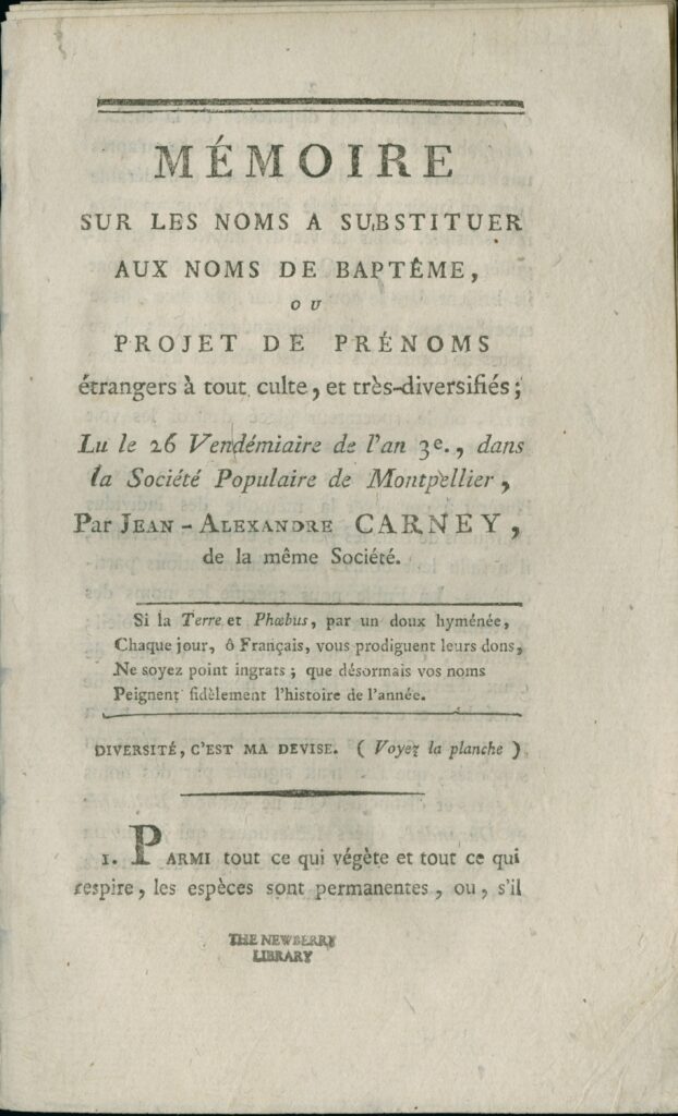 Title page of a printed pamphlet in French