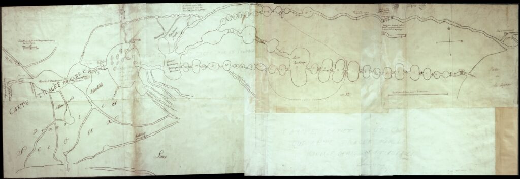 Black and white manuscript map of a series of lakes connected by waterways