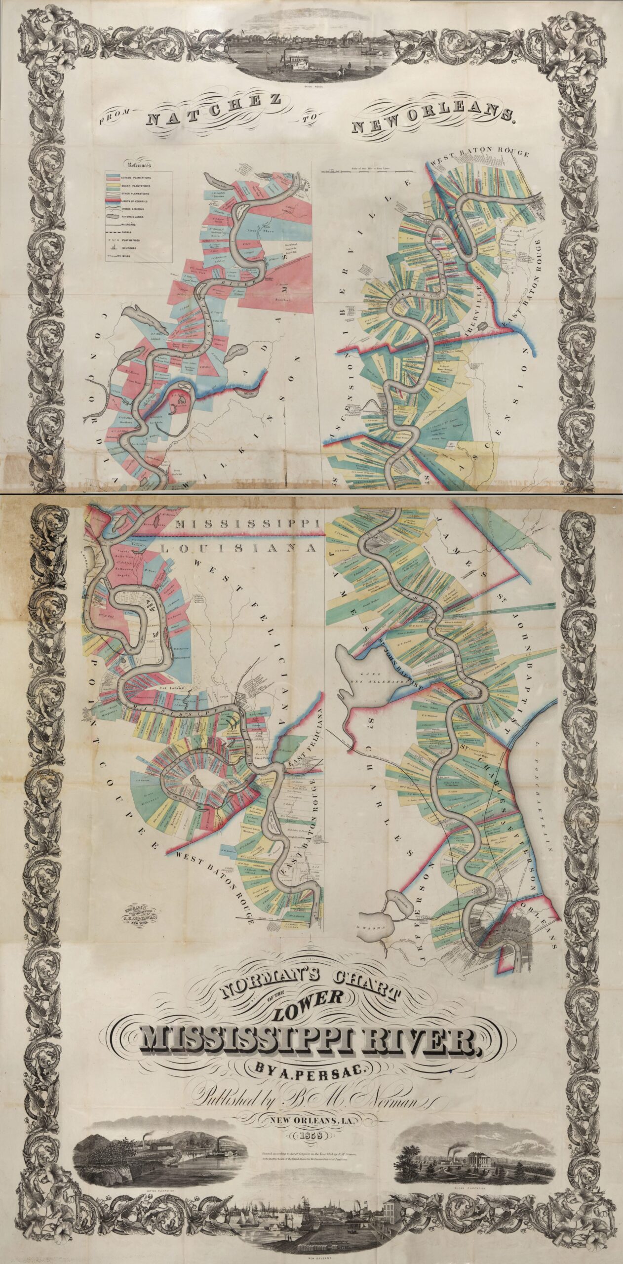 Vertical depiction of the lower Mississippi River with colored bands showing the uses of the land along the riverbanks.