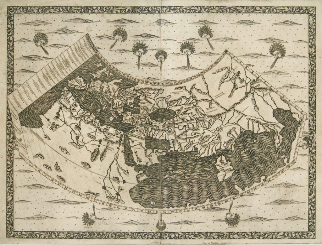 Map showing north Africa, Europe, and western Asia in a partial horseshoe shape, surrounded by heads blowing gusts of air towards it.