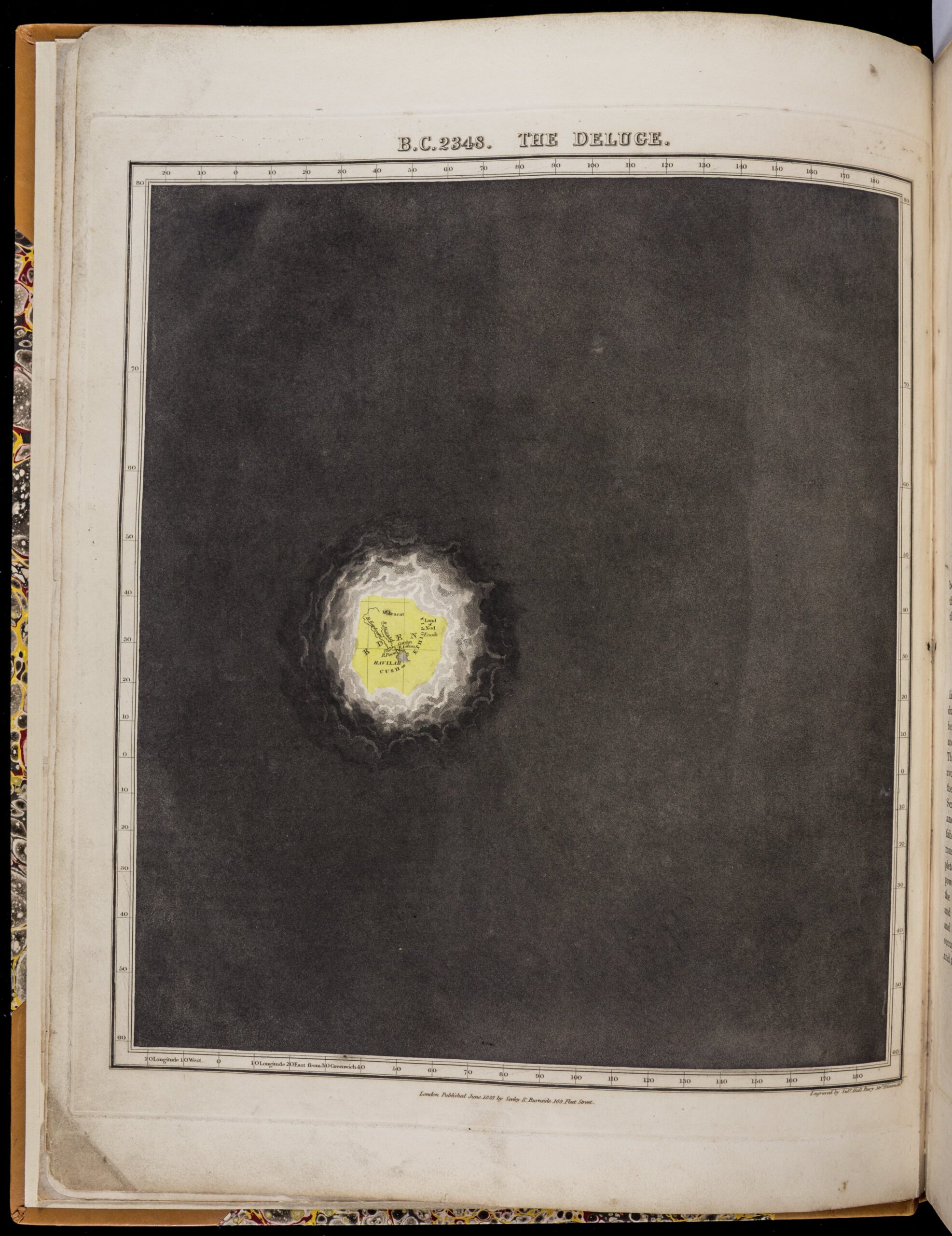 Prawie całkowicie czarny obraz z małą dziurą w chmurach nad żółtą plamą oznaczoną „Eden”.