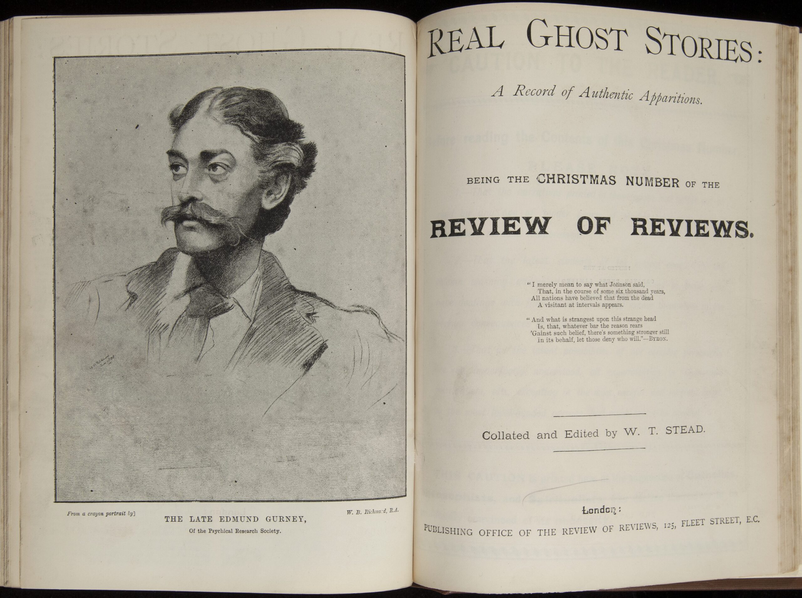 Page of text and facing portrait of a 'The Late Edmund Gurney' - man with a moustache wearing a suit.