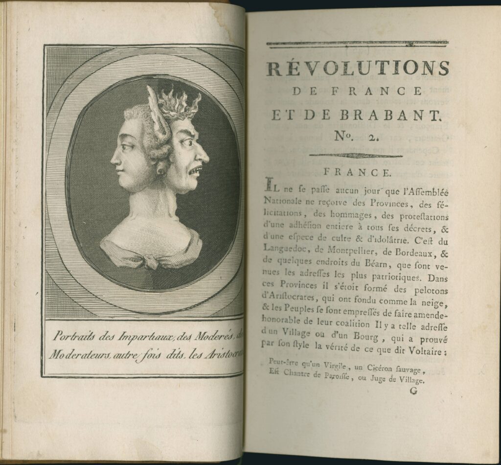 Two-page spread from a printed book. The right-hand page has a paragraph of text in French. On the left is a profile drawing of a bust of a two-headed figure. The head facing left is white man wearing a powdered wig. The right-hand head is a white monstrous figure with sharp teeth, a hooked nose, and spiky hair.