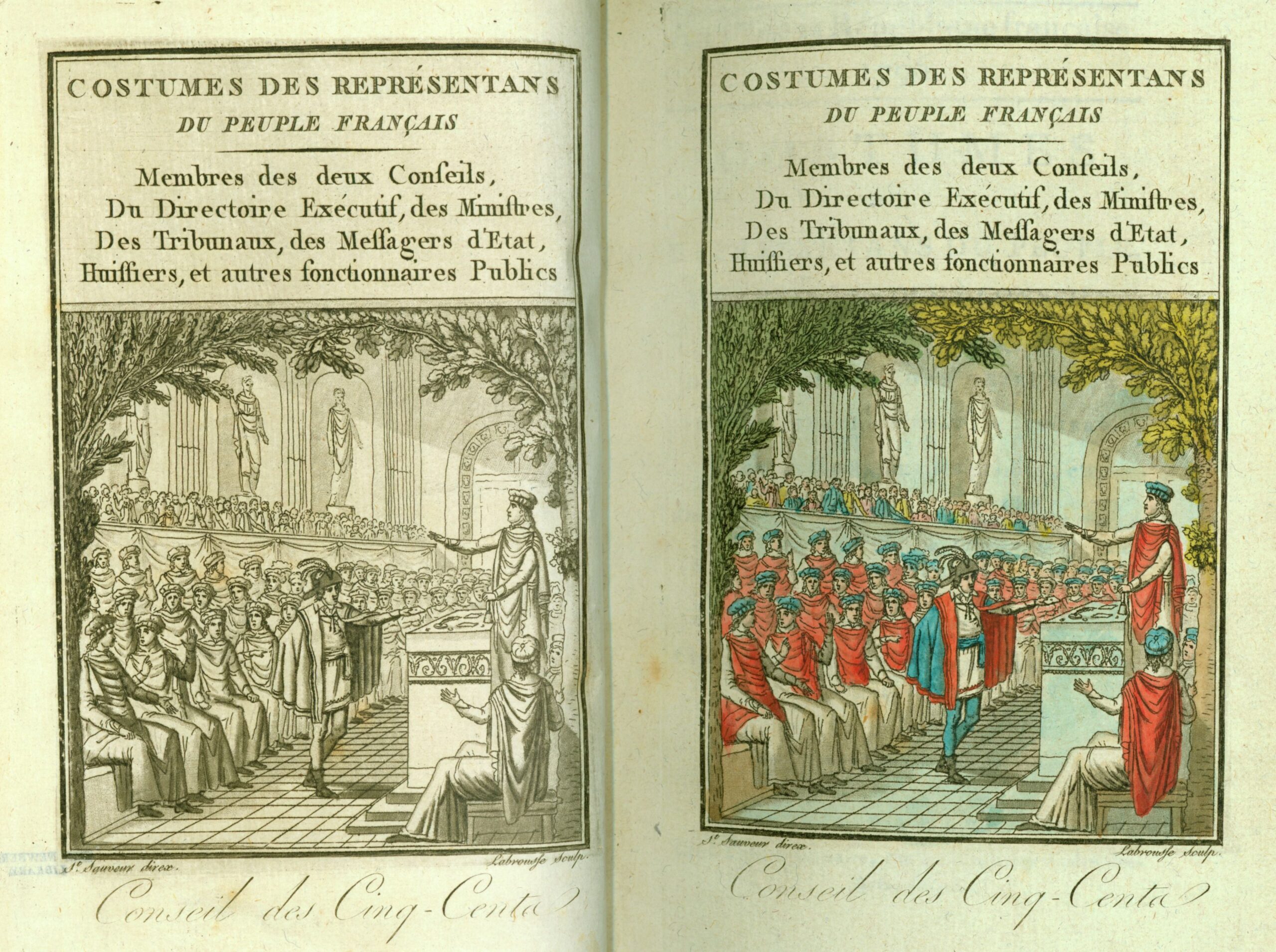 Two-page spread showing the same image on each page. On the left in black and white and on the right in color. The image shows a white man standing at a podium speaking to a large audience of other white men in a room with classical statues and architecture. The men's clothing is also Roman-inspired.