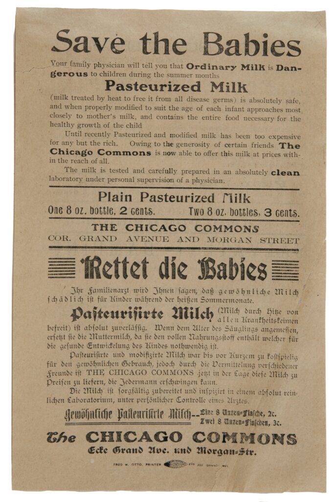 Bilingual broadside in English and German promoting pasteurized milk as a way to keep infants healthy.