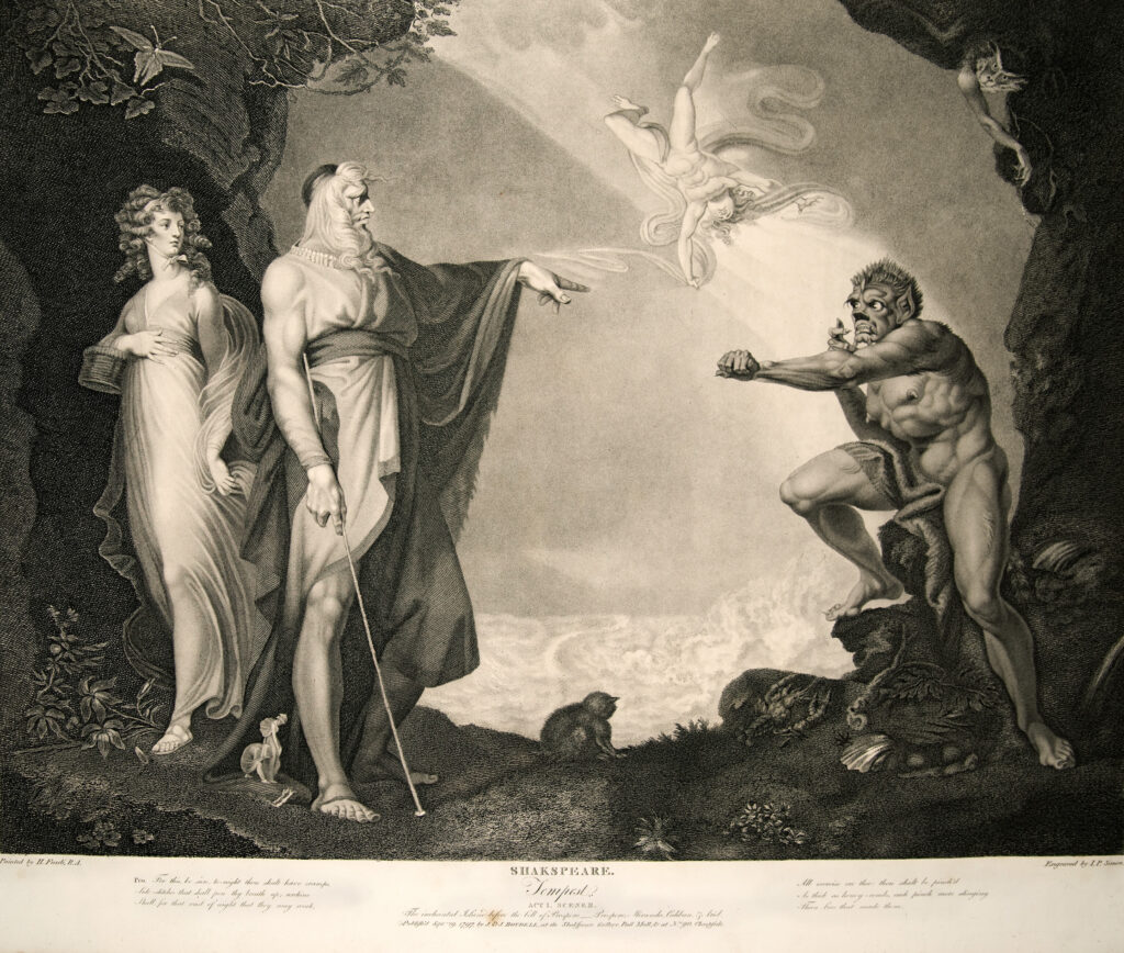 Engraving depicting character from The Tempest. Prospero stands in the center left and points at Caliban, who crouches in the center right and is depicted as a dark-skinned creature with pointed ears. Ariel floats above Caliban in a beam of light. Miranda stands behind Prospero on the far left. Miranda, Prospero, and Ariel are white.