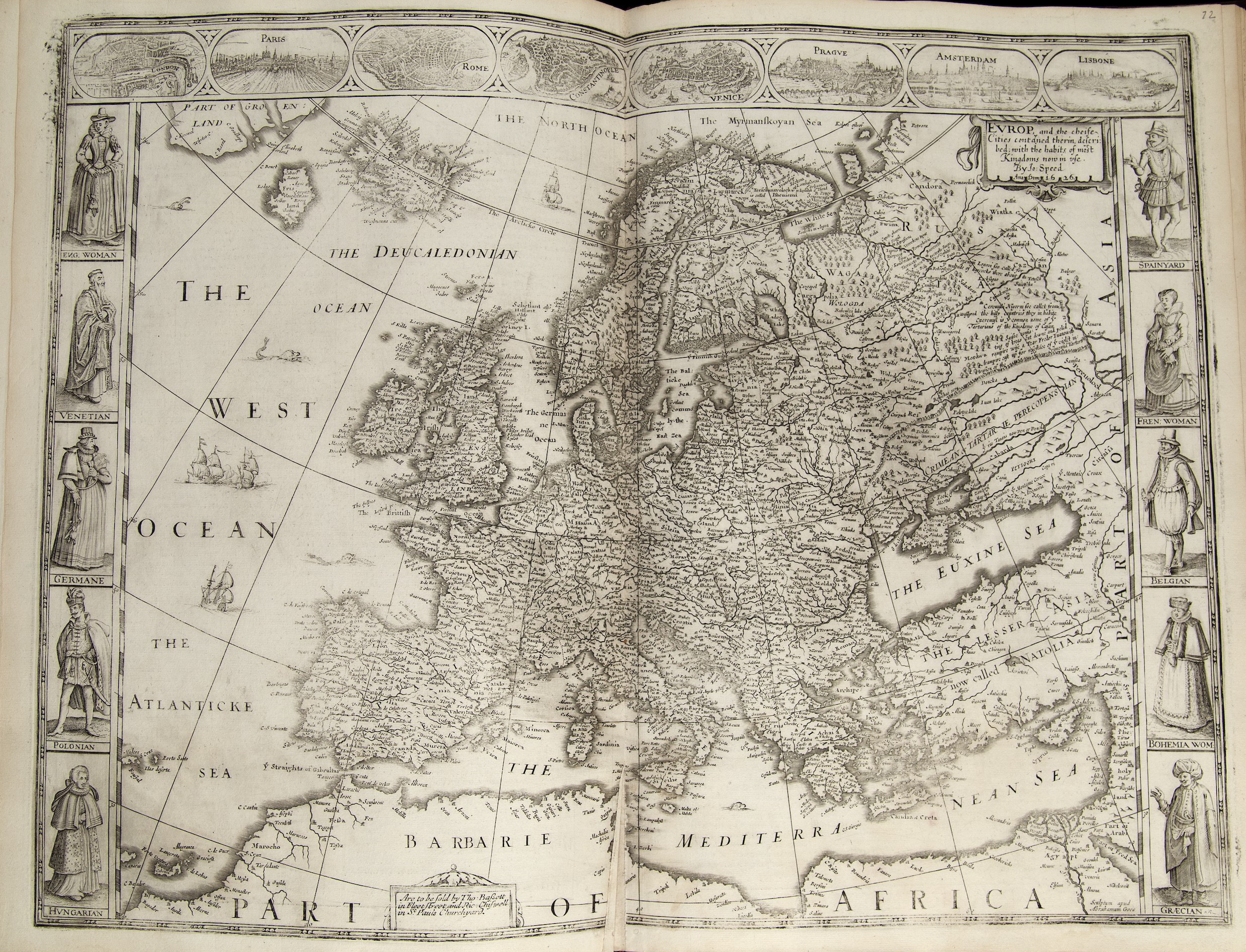17th century map of Europe, bordered with images of men and women of various stations.