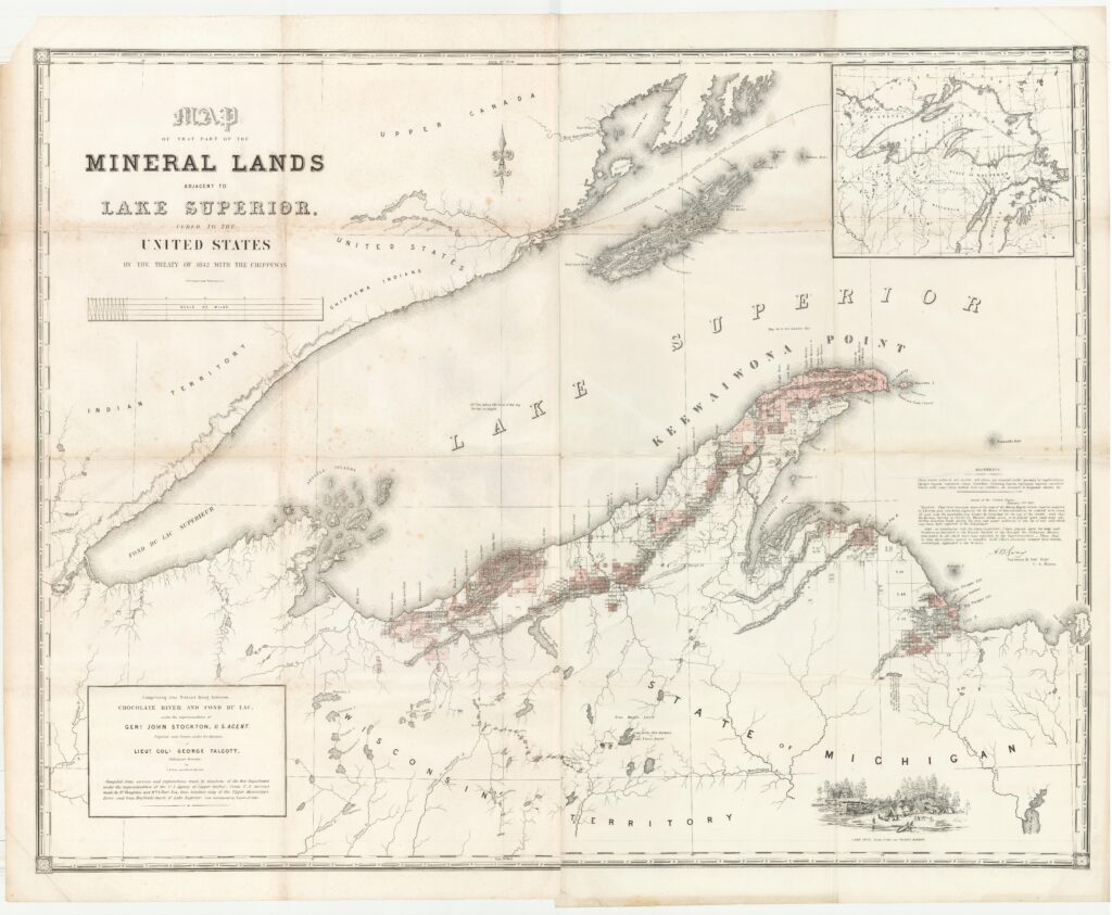 Black and white map of western section of Lake Superior, with coast colored in pink