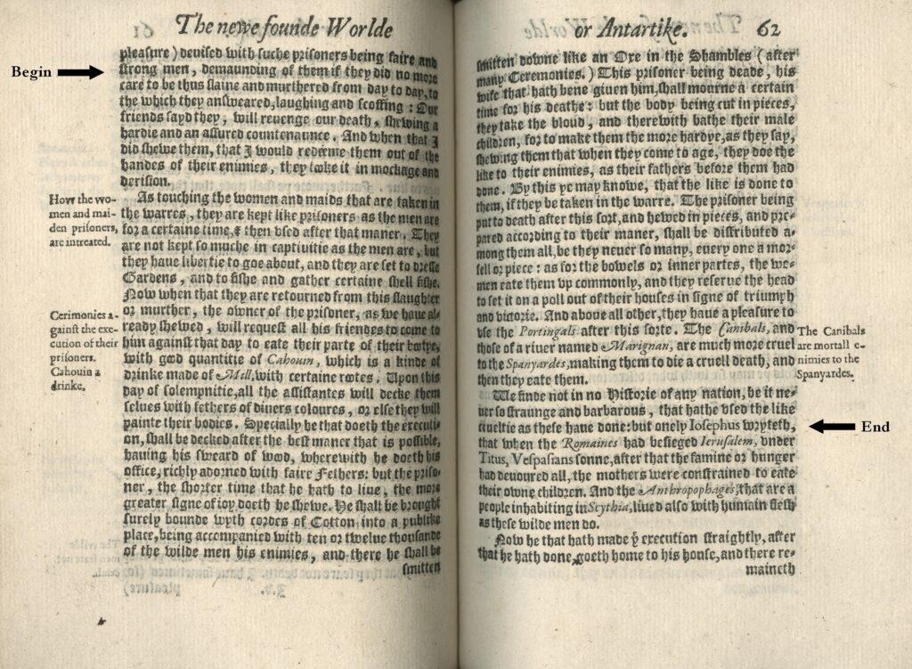 Two-page spread of printed English text in Blackletter font.
