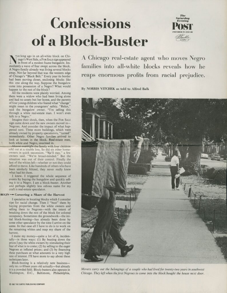 Newspaper page with a black and white photo of a Black man on a neighborhood sidewalk with a white man behind him carrying an armchair.