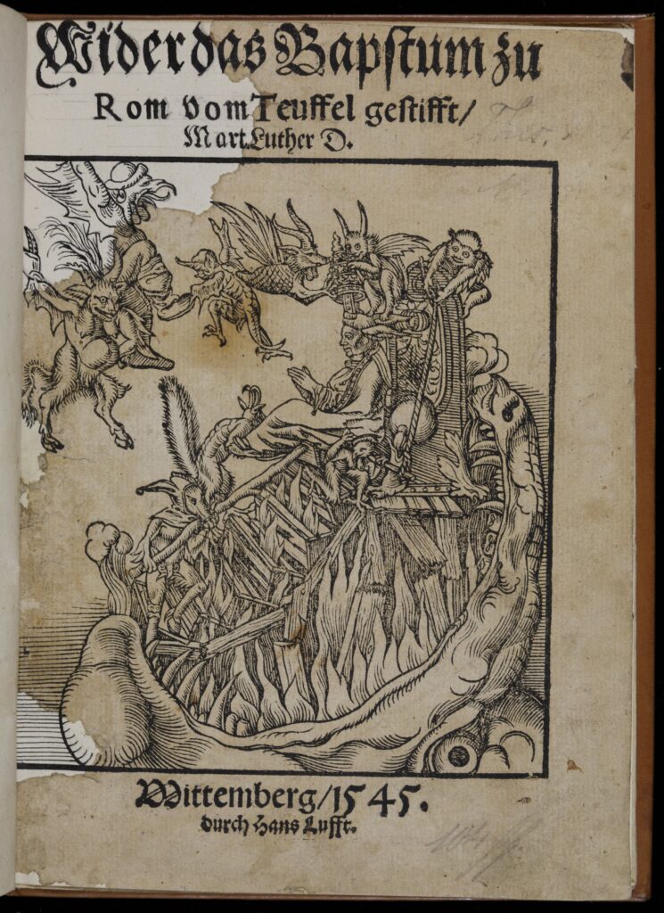 Woodcut print image showing a huge beast opening its mouth to devour the Pope who is sitting on the papal throne. He is surrounded by demons, one of which holds the papal crown above his head.