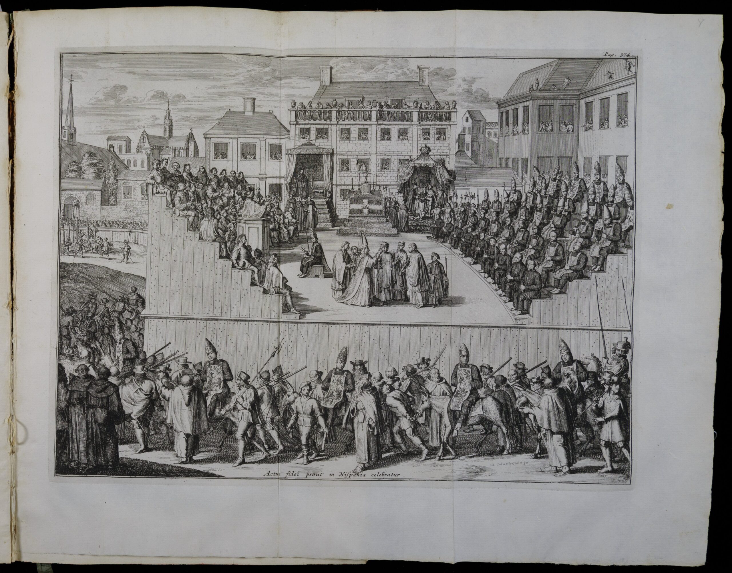Drawing of stage in a city square surrounded by a crowd. Members of the Inquisition are on the stage surrounded by victims they will punish, who sit in tiered seats around the edges of the stage. Members of the crowd carry pikes or spears.