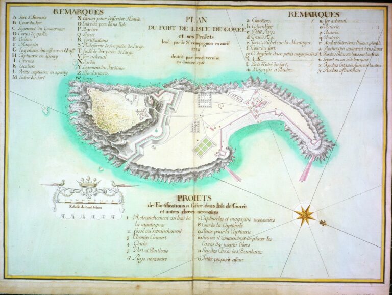 Map of a small island mostly filled with fortified structures. Above and below the island are keys in French describing its features.