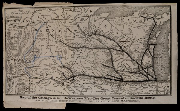 Map depicting upper Midwest United States from Lake Michigan to eastern Wyoming. The map is marked in blue with routes to the Army and Navy Colony in the Black Hills.